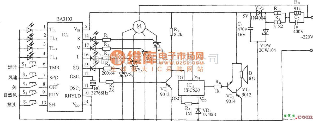 自动控制中的用BA3103的多功能电风扇伴海浪声控制电路  第1张