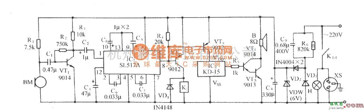 自动控制中的用SL517A的声控音乐插座电路  第1张