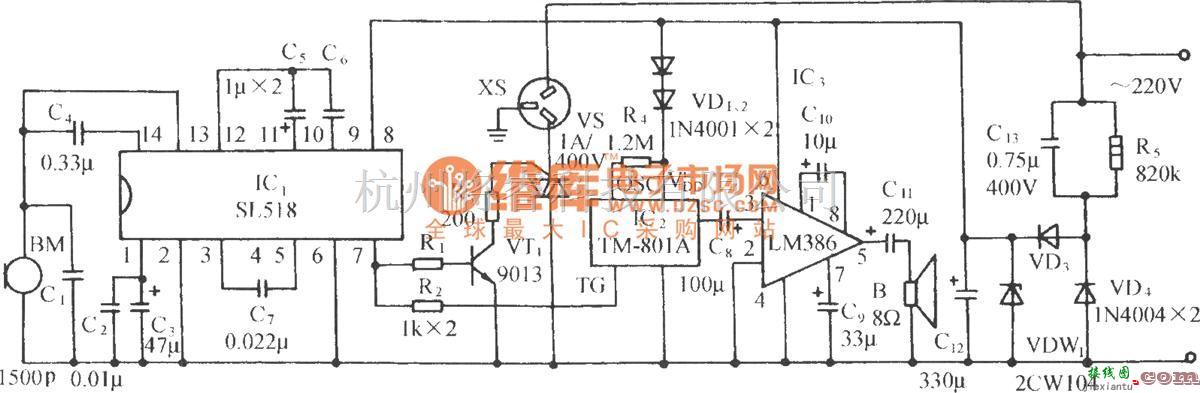 自动控制中的用SL518的声控音乐插座电路  第1张