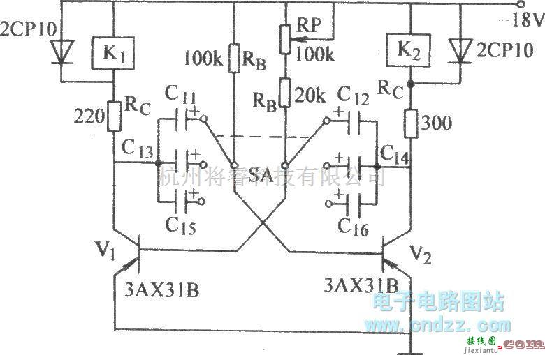 开关电路中的能带动两只继电器的无稳态电路  第1张