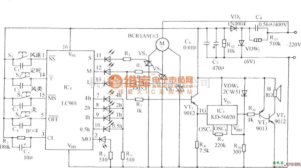 自动控制中的用LC901的多功能电风扇伴蛙鸣声控制电路  第1张