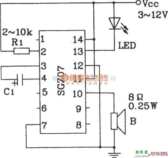 LED电路中的由SGZ07声、光报警集成电路构成单频率声、光信号源电路  第1张