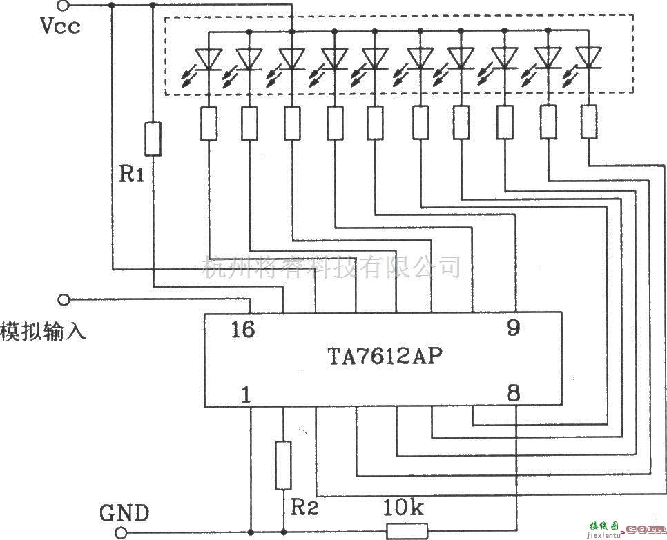 LED电路中的TA7612AP构成一条10点共阳极型对数显示驱动电路  第1张
