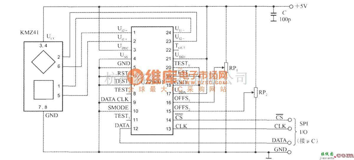 传感信号调理中的数字输出式角度传感器信号调理器UZZ9001的典型应用电路  第1张