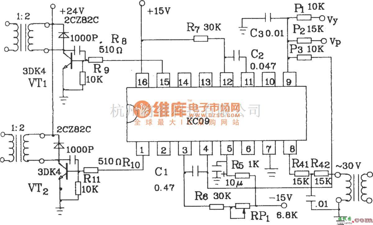 可控硅专项中的可控硅移相触发器KC09长脉冲应用电路图  第2张