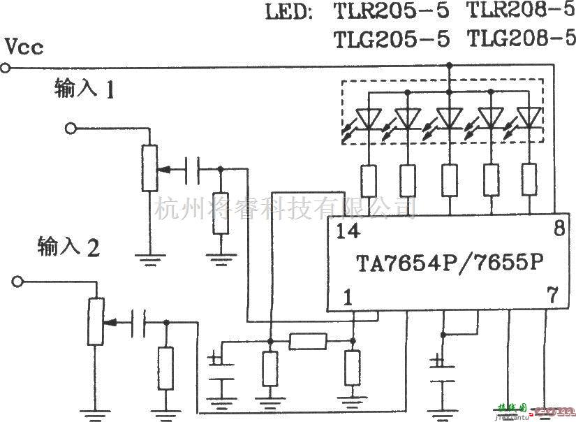 LED电路中的TA7654P／TA7655P构成5点一条LED显示驱动电路  第1张