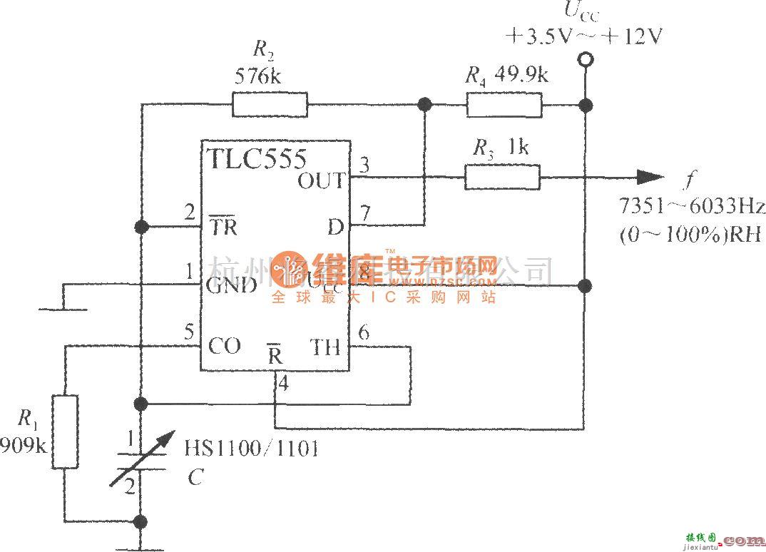 湿敏电路中的线性频率输出式相对湿度测量电路(湿度传感器HS1100/1101)  第1张