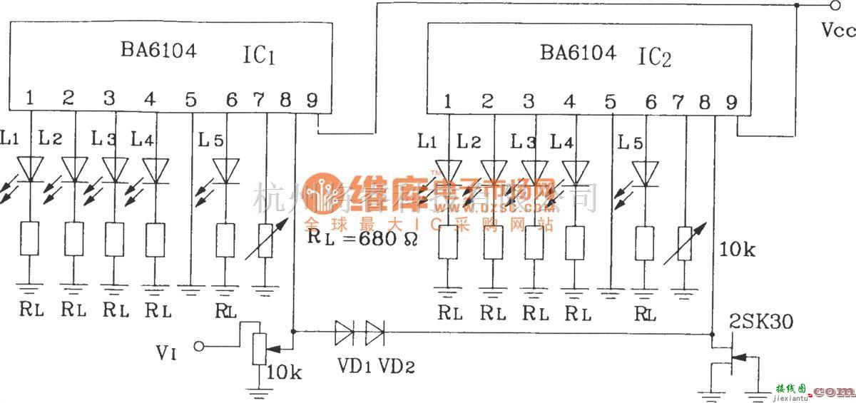 LED电路中的2块BA6104五位LED电平表驱动集成电路构成的10点LED电平显示电路  第1张