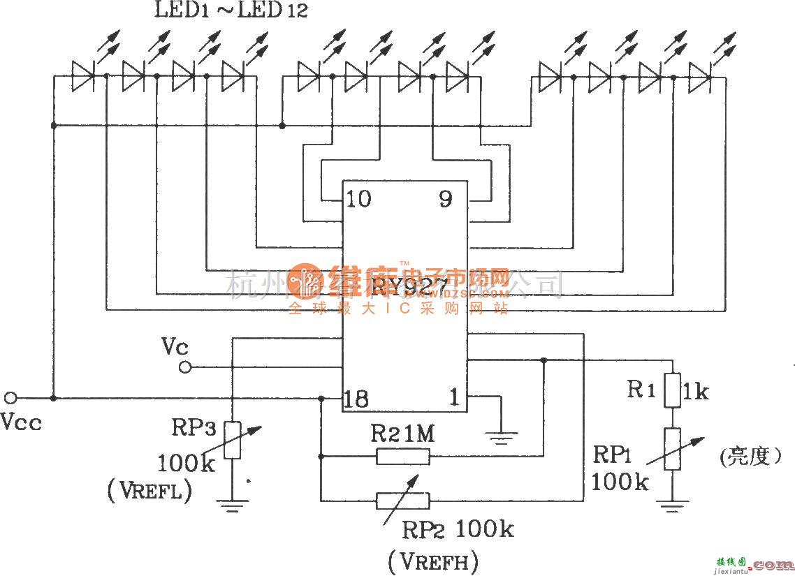 LED电路中的RY927多段LED驱动线性显示器典型应用电路  第1张