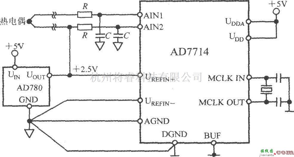 传感信号处理中的由5通道低功耗可编程传感器信号处理器AD7714和热电偶构成的测温电路  第1张