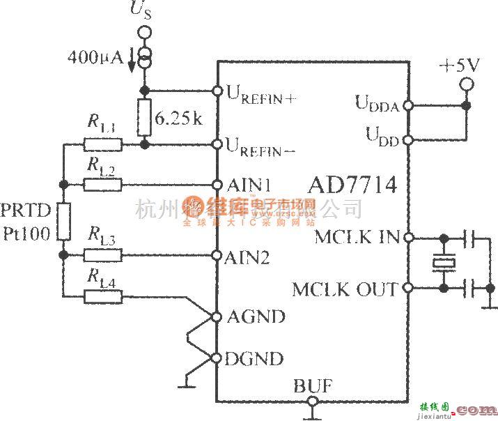 传感信号处理中的由5通道低功耗可编程传感器信号处理器AD7714与Pt100型铂热电阻(PRTD)构成的测温电路  第1张