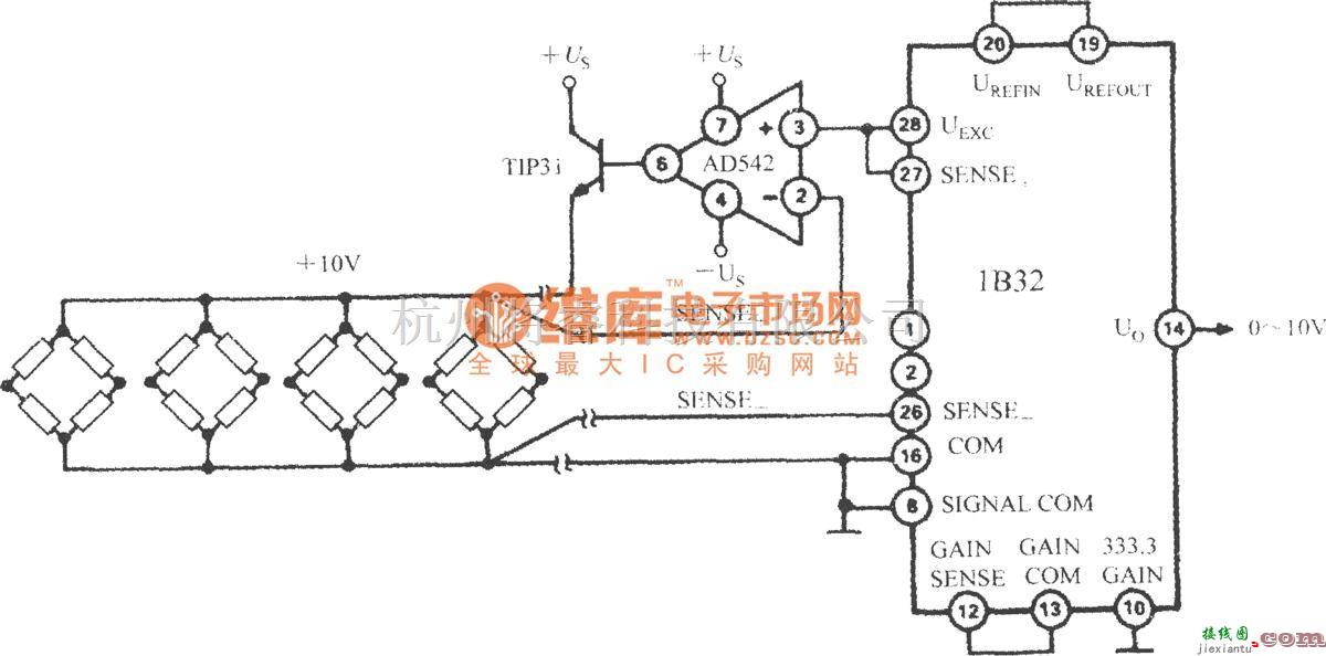 传感信号调理中的桥式传感器信号调理器1B32配多路压力传感器时的应用电路  第1张