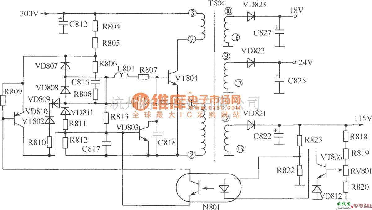 光电耦合器中的彩电开关稳压电源中的部分电路  第1张