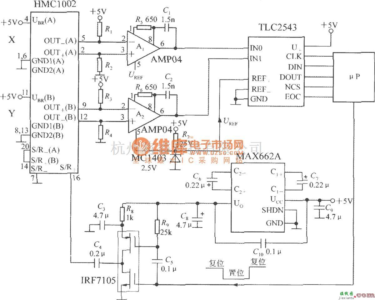 磁场、电场传感器中的带S／R电路和串行接口的双轴磁场传感器应用电路(集成磁场传感器HMC1002)  第1张