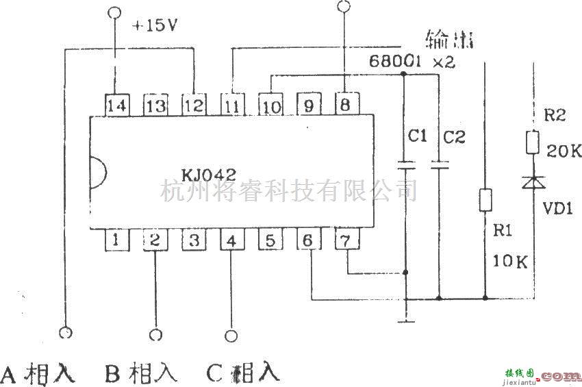 可控硅专项中的脉冲列调制形成器KJ042外电路连接图  第3张