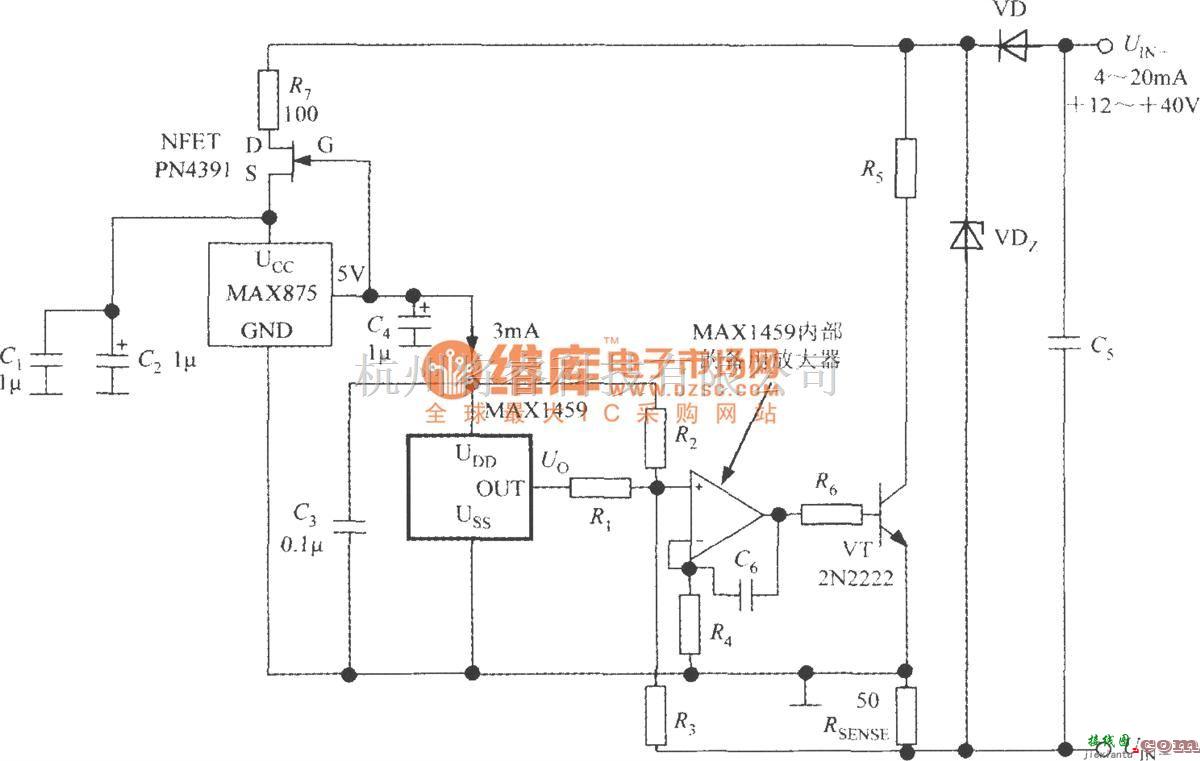 传感信号调理中的由数字式压力信号调理器MAX1459构成的4～20mA电流变送器的电路  第1张