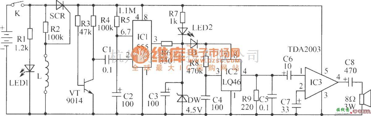 LED电路中的高灵敏度大响度的防盗报警器电路  第1张