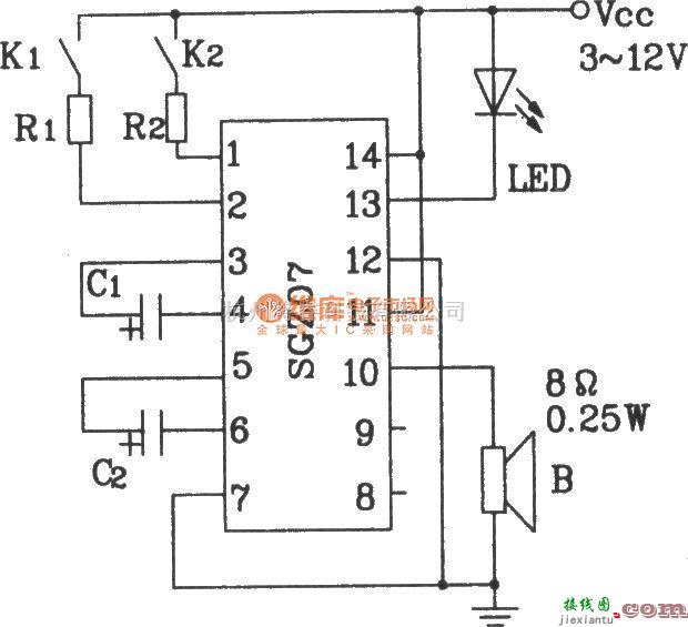 LED电路中的由SGZ07声、光报警集成电路构成控制报警电路  第1张