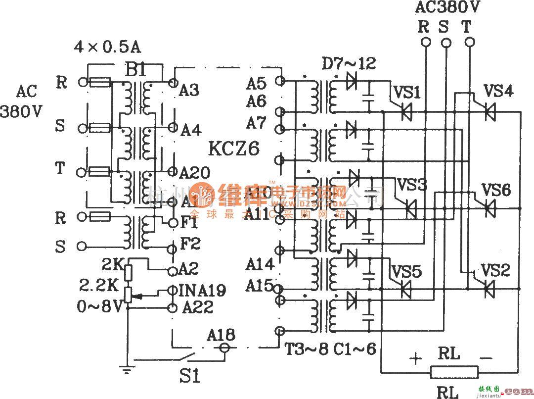 可控硅专项中的作为KCZ6组件应用的三相交流调压电路图  第1张