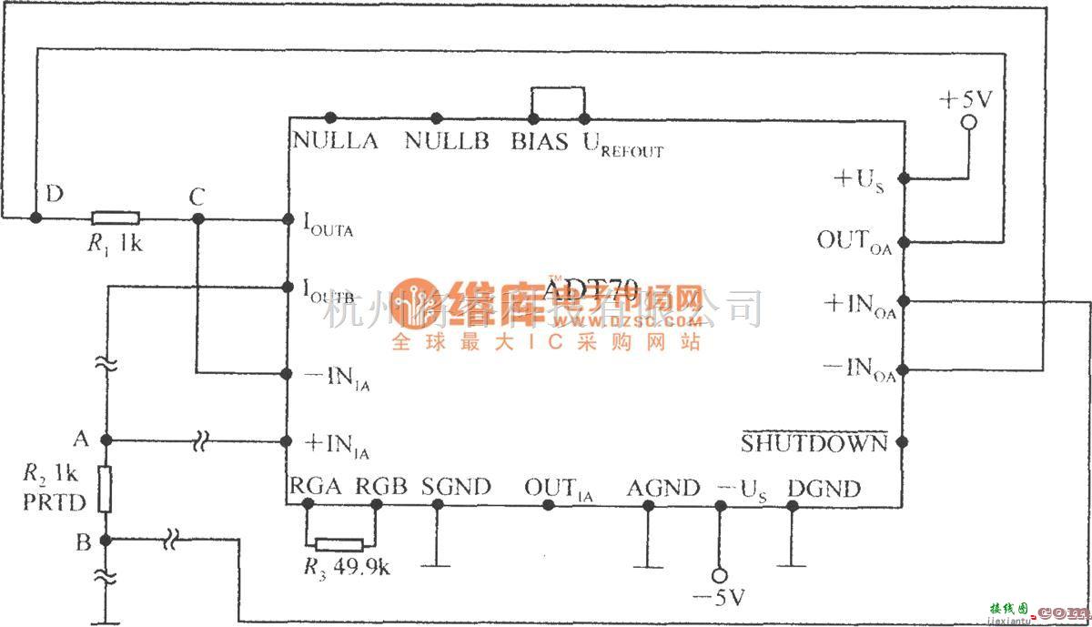 传感信号调理中的用4线制接法消除引线电阻的影响(铂热电阻信号调理器ADT70)  第1张