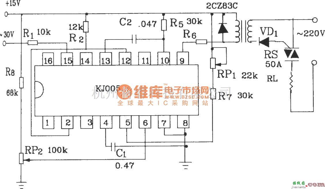 可控硅专项中的可控硅移相触发器KJ005外电路接线图  第3张