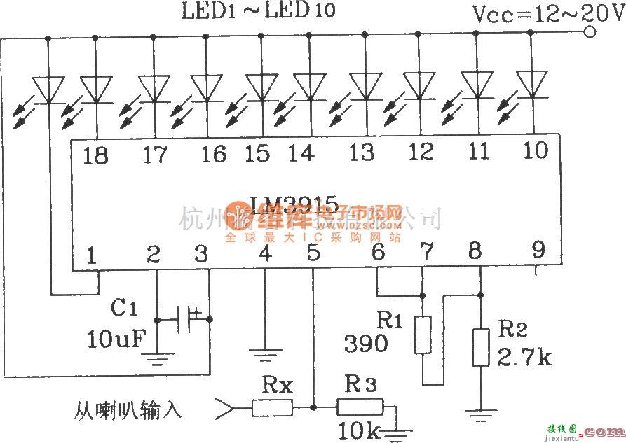 LED电路中的LM3915构成简单音频功率计电路  第1张