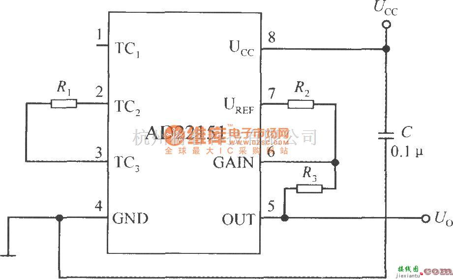 磁场、电场传感器中的由线性输出的集成磁场传感器AD22151构成的双极性模式下的温度补偿电路  第1张