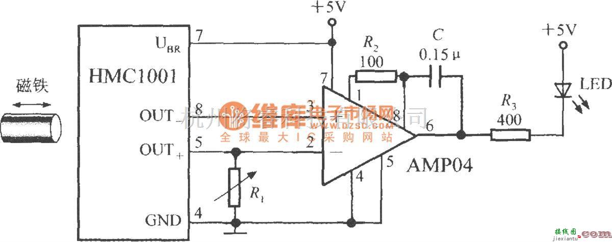 磁场、电场传感器中的由集成磁场传感器HMC1001构成的接近开关电路  第1张