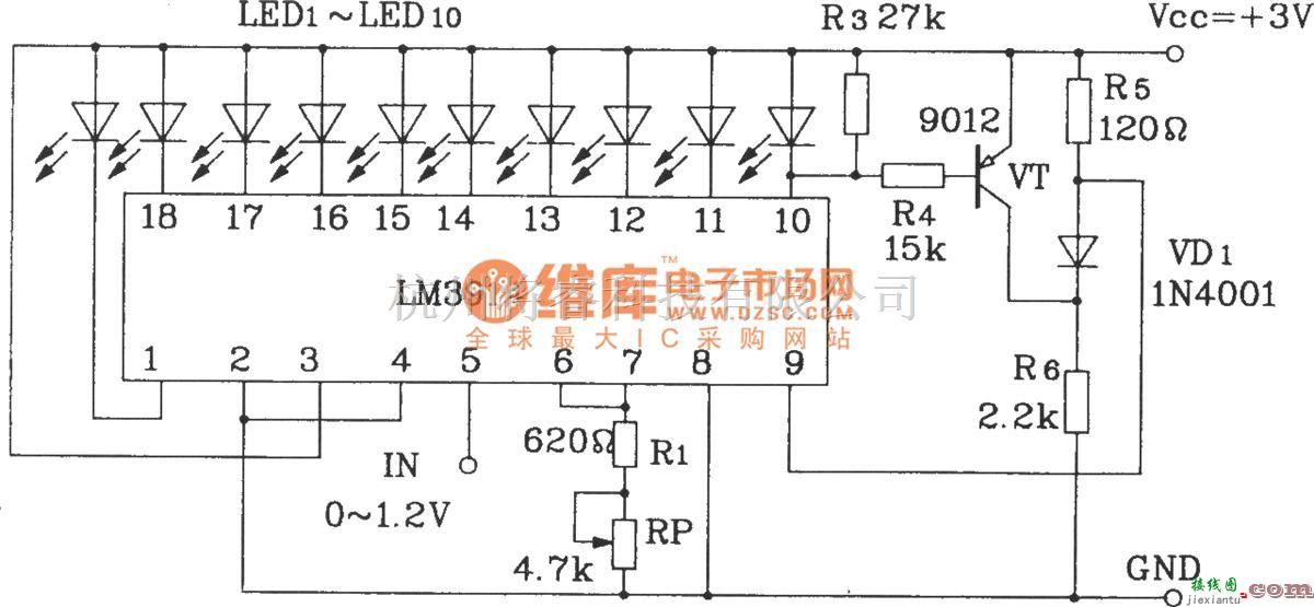 LED电路中的LM3914构成点显示、线溢出的LED显示电路  第1张