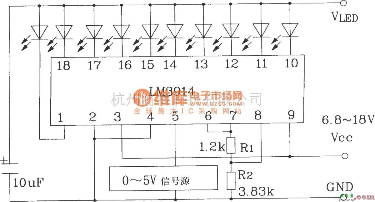 LED电路中的LM3914系列点/线图形LED显示驱动集成电路构成的0～5V线图指示器电路  第1张