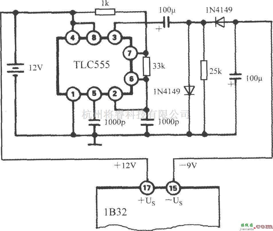传感信号调理中的4利用TLC555产生负电源的电路(桥式传感器信号调理器1B32)  第1张