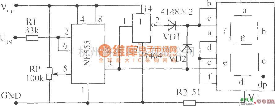 LED电路中的使用单时基电路NE555构成的电平测试电路  第1张