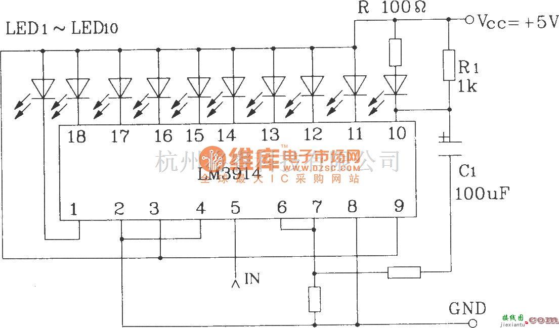 LED电路中的LM3914系列点/线图形LED显示驱动集成电路构成的带有闪光报警的LED显示器电路  第1张