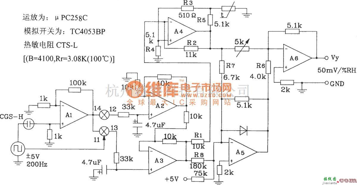 湿敏电路中的由CGS-H型陶瓷湿度传感器构成的低湿度检测电路图  第1张