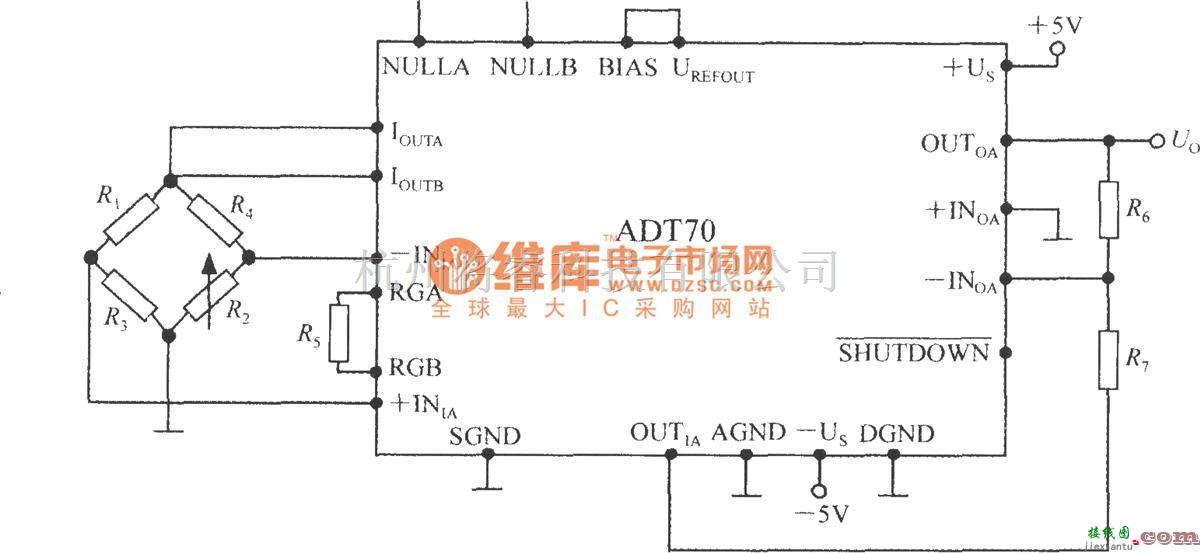 传感信号调理中的铂热电阻信号调理器ADT70ADT70在电阻应变仪中的应用电路  第1张