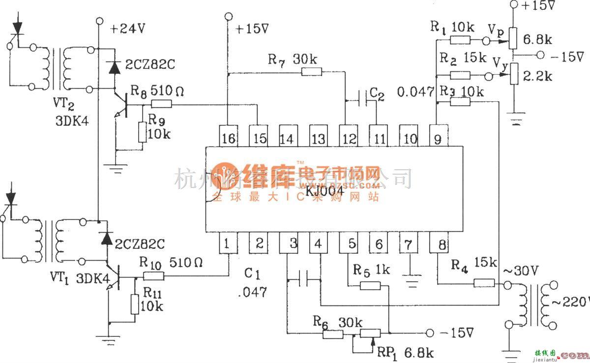 可控硅专项中的可控硅移相触发器KJ004的典型应用电路图  第3张