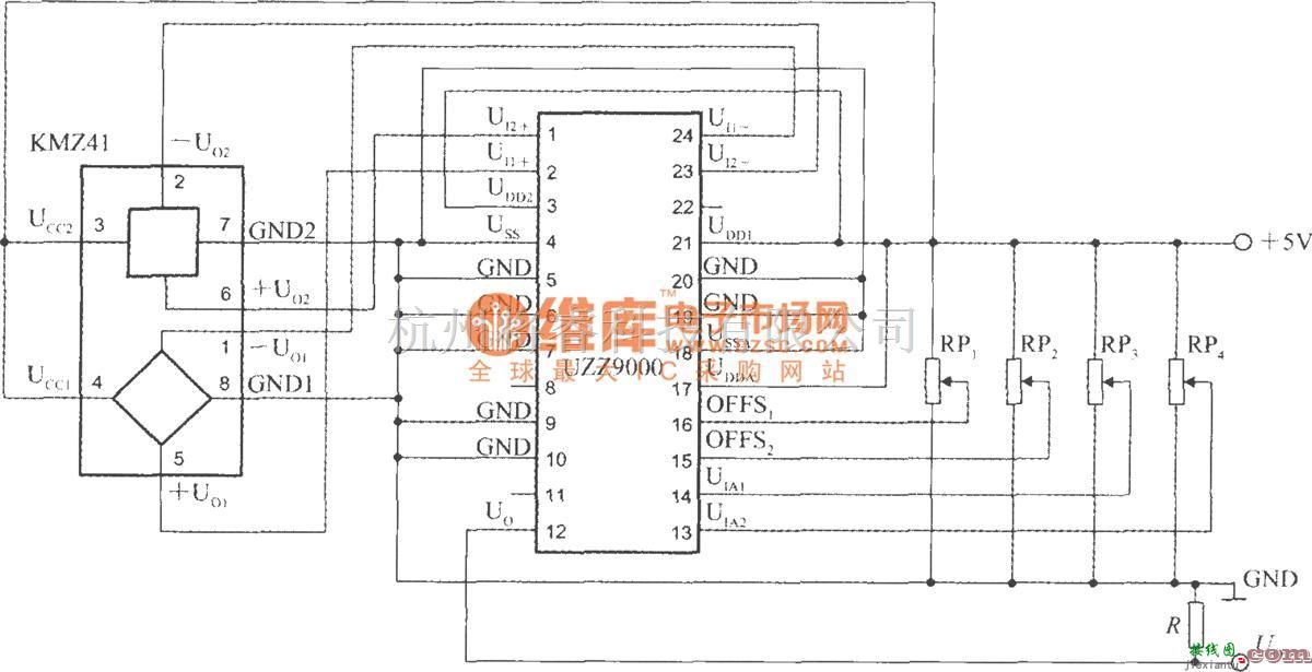 传感信号调理中的由角度传感器信号调理器UZZ9000和磁阻式传感器KMZ41构成的电压输出式角度检测电路  第1张