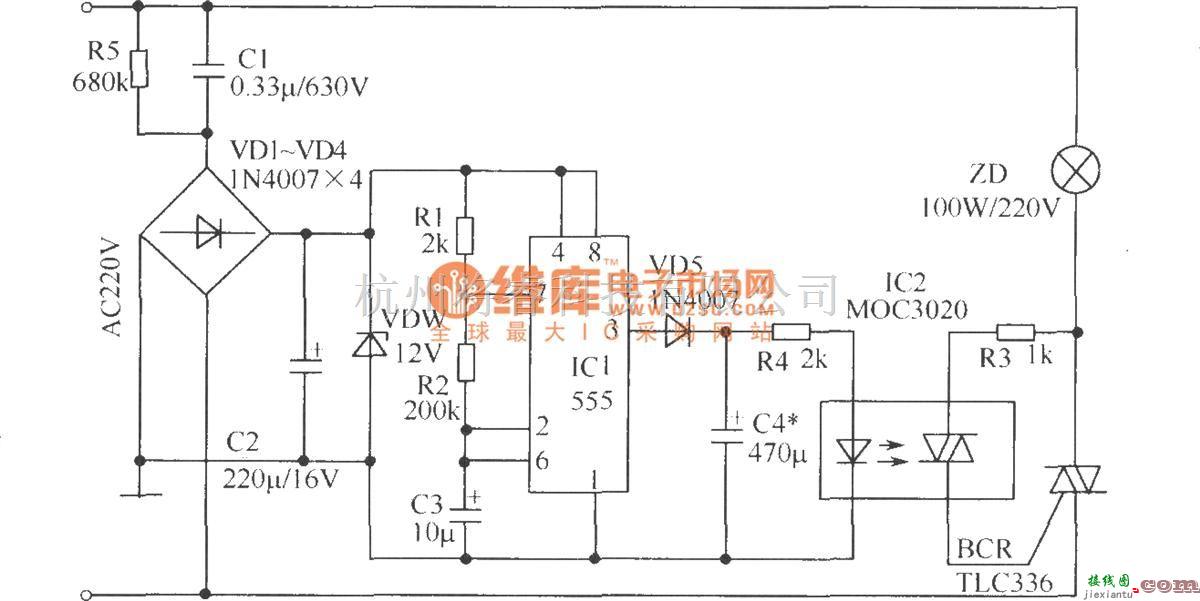 光电耦合器中的光电耦合器组成的警示灯电路图  第1张