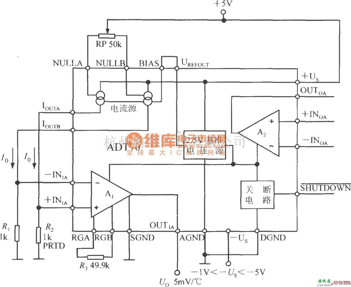 传感信号调理中的铂热电阻信号调理器ADT70的内部电路框图及典型应用电路  第1张