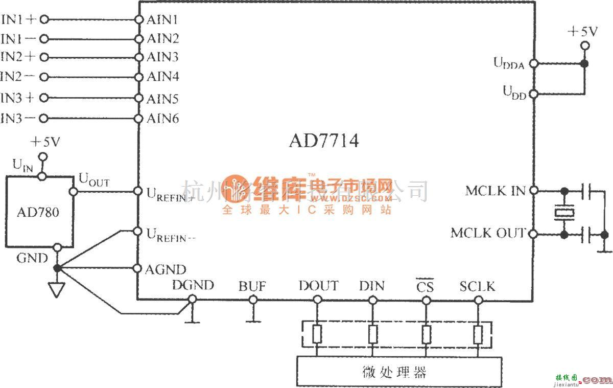 传感信号处理中的由5通道低功耗可编程传感器信号处理器AD7714和微处理器构成的隔离式数据采集系统电路  第1张