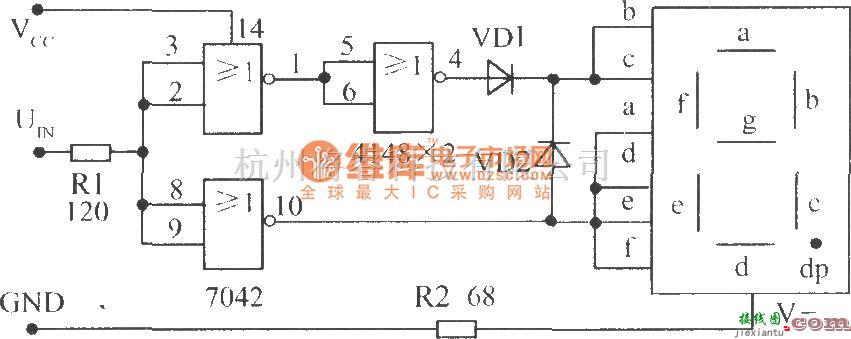 LED电路中的使用TTL或非门接成反相器配用共阴极数码管构成的电平测试电路  第1张