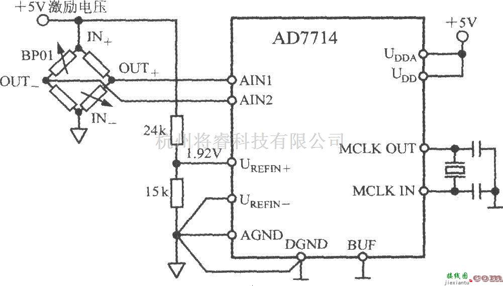 传感信号处理中的由5通道低功耗可编程传感器信号处理器AD7714构成压力测量系统电路  第1张