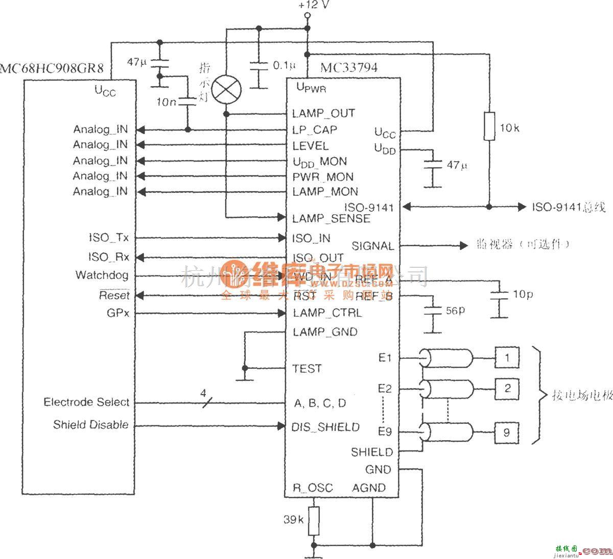 磁场、电场传感器中的电场感应器件MC33794与微控制器的接线图  第1张