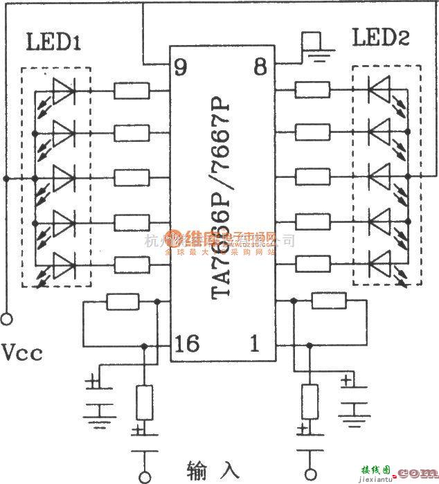 LED电路中的HA7666P／TA7667P构成两条5点LED显示驱动电路  第1张