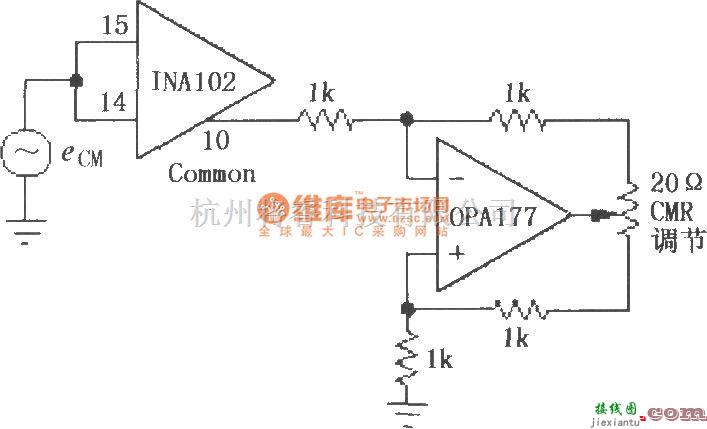 仪表放大器中的INA102外部可调共模抑制比(CMR)电路  第1张