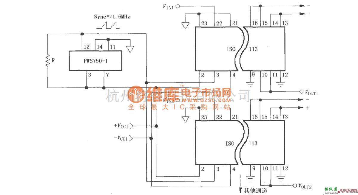 耦合隔离放大中的由ISO113与PWS750-1构成的多通道同步隔离电路  第1张