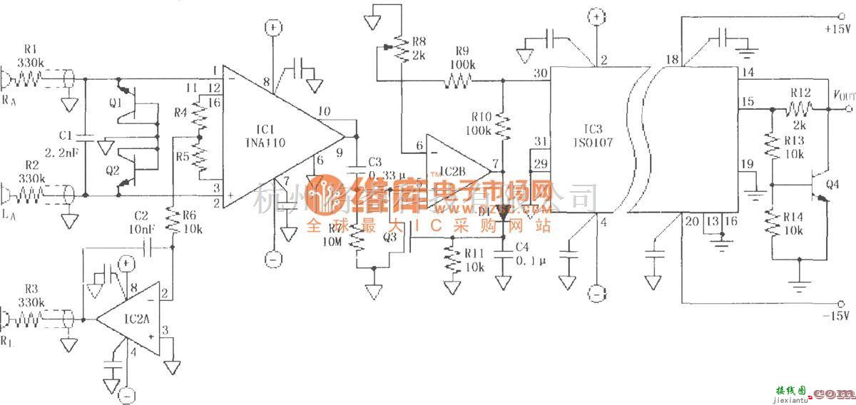 耦合隔离放大中的ISO107的ECG放大电路  第1张