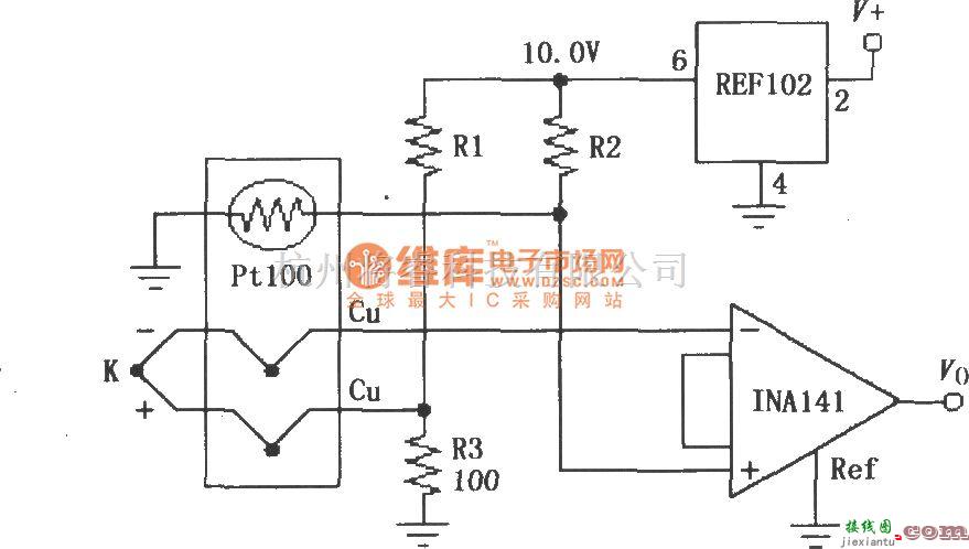 仪表放大器中的由INA141构成具有冷端补偿的热电偶放大电路  第1张