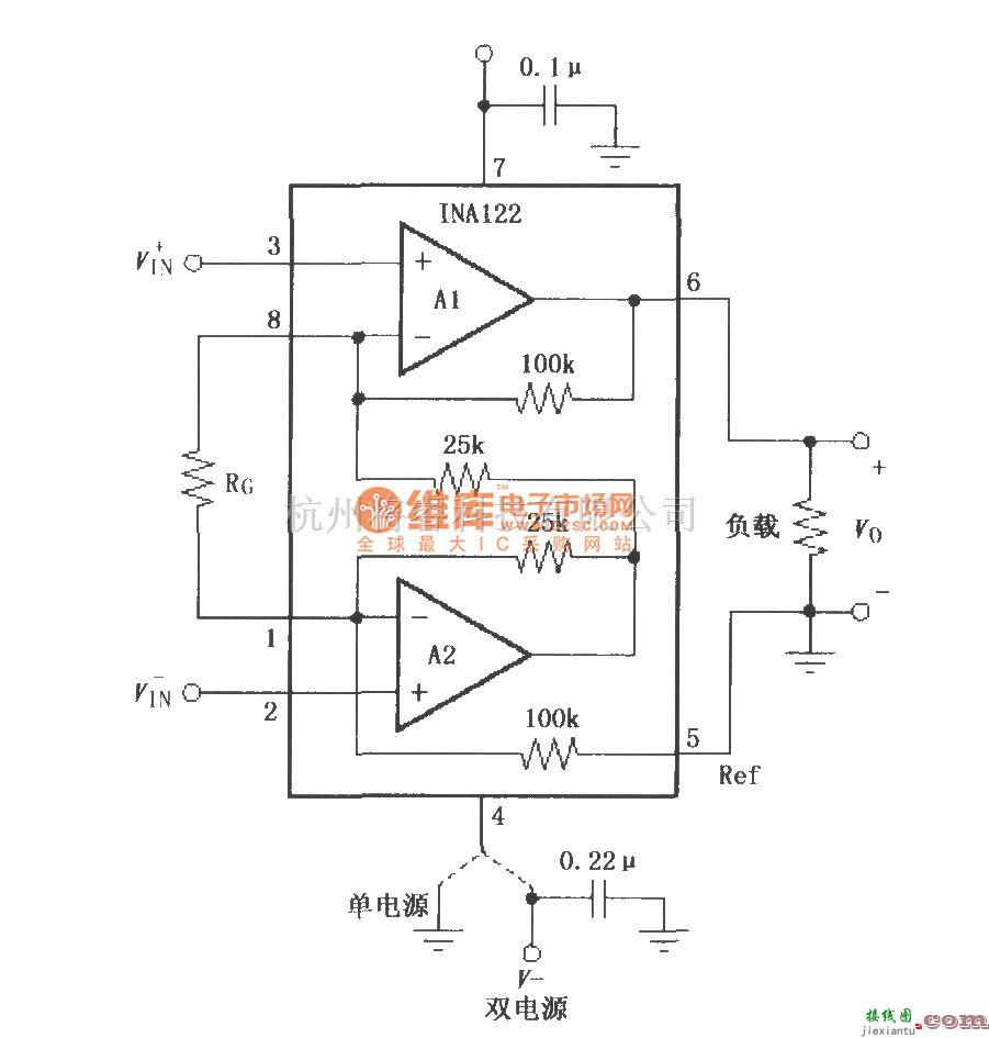 仪表放大器中的INA122的信号和电源的基本连接电路  第1张