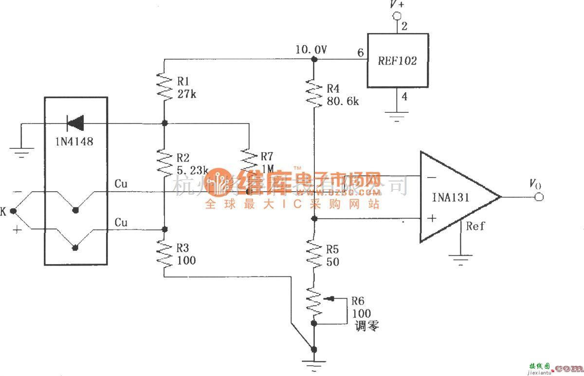 仪表放大器中的由INA131构成的有冷端补偿的热电偶放大器  第1张